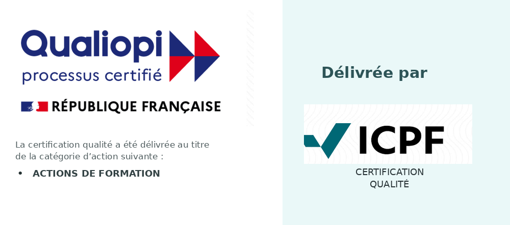 Logo officiel Qualiopi — processus certifié — République Française — actions de formation — délivrée par ICPF Certification Qualité